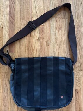 Black Messenger Bag - Leather Stripe Design